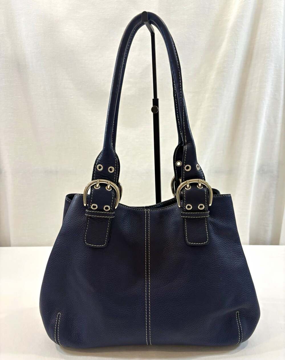 Tignanello Navy Pebbled Shoulder Bag Silver Hardware Buckle Accents Pockets